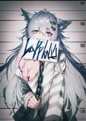 1girl absurdres animal_ears arknights bare_shoulders blue_eyes breasts chain character_name ear_tag grey_eyes grey_hair hair_between_eyes hair_ornament hairclip height_chart highres holding holding_chain huge_filesize jaws_(okdol0928) lappland_(arknights) long_hair long_sleeves looking_at_viewer material_growth mouth_hold mugshot off_shoulder oripathy_lesion_(arknights) prison_clothes scar scar_across_eye scar_on_chest scar_on_face sharp_teeth sign solo striped teeth teeth_hold wolf_ears