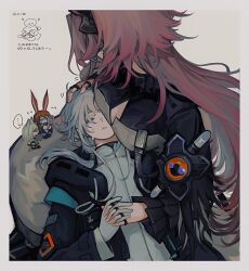 Rule 34 | 1other, 3girls, 8rk9, amiya (arknights), androgynous, animal ears, arknights, black coat, black dress, breasts, brown hair, cat ears, chibi, cleavage, cleavage cutout, closed eyes, clothing cutout, coat, doctor (arknights), dress, gloves, green hair, headpat, highres, interlocked fingers, jacket, jewelry, kal&#039;tsit (arknights), lap pillow, long hair, low-tied long hair, multiple girls, multiple rings, pink hair, rabbit ears, ring, simple background, theresa (arknights), two-tone dress, white dress, white gloves, white hair, white jacket