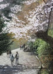 arashiyama_(kyoto) backpack bag bench bicycle black_hat blue_hat commentary_request dappled_sunlight day hat highres holding_hands kyoto original outdoors painting_(medium) pants people real_world_location scenery shadow shoulder_bag sitting sunlight traditional_media tree walking watanabe_masato watercolor_(medium) white_bag