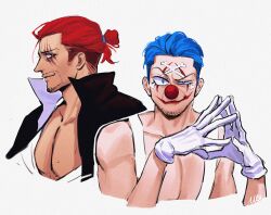 Rule 34 | 2boys, beard, blue hair, buggy the clown, closed mouth, clown nose, connected beard, cropped torso, facepaint, facial hair, gloves, goatee stubble, hair bun, highres, looking at viewer, male focus, multiple boys, one piece, pectoral cleavage, pectorals, red hair, scar, scar across eye, scar on face, shanks (one piece), short hair, simple background, stubble, tank top, vamos mk, white background, white gloves, white tank top