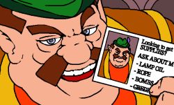 archived_source blue_eyes brown_hair business_card card derivative_work english_text facial_hair fat fat_man feathers green_headwear hat_feather holding holding_card link:_the_faces_of_evil male_focus meme morshu mustache nintendo parody pointy_ears purple_feathers solo soredemo_tsuma_o_aishiteru takabe_torao teeth the_legend_of_zelda the_legend_of_zelda_(cd-i) ugly_bastard upper_teeth_only
