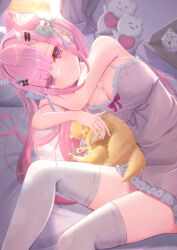 1girl absurdres animal_ears bandaid bandaid_hair_ornament bare_shoulders blush bow breasts camisole cat_ears cat_girl closed_mouth fish_hair_ornament ghost_hair_ornament hair_bow hair_ornament hairclip heart heart_hair_ornament highres hitoshamu indie_virtual_youtuber indoors long_hair looking_at_viewer pink_eyes pink_hair smile thighhighs thighs virtual_youtuber white_camisole white_thighhighs wing_hair_ornament yellow_cat yuuki_sakuna