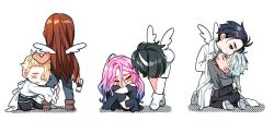 3boys 3girls alien_stage black_dress black_eyes black_hair black_pants black_shoes black_thighhighs blonde_hair blue_hair bombom_asa brown_hair brown_shoes closed_eyes clothes_grab coat colored_eyelashes commentary deformed dress full_body gradient_hair green_eyes grey_hair grey_pants grey_shirt gun hairband hashtag-only_commentary holding holding_gun holding_weapon hugging_another&#039;s_leg hyuna_(alien_stage) ivan_(alien_stage) kneeling knees_up leaning_forward long_hair luka_(alien_stage) mizi_(alien_stage) multicolored_hair multiple_boys multiple_girls pants pink_hair shirt shirt_grab shoes short_hair sitting sua_(alien_stage) thighhighs till_(alien_stage) two-tone_hair very_long_hair very_short_hair weapon white_coat white_dress white_hairband white_pants white_shirt white_shoes white_wings wings yellow_eyes