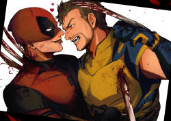 2boys absurdres beard blood blood_on_clothes blood_on_face bloody_weapon blue_gloves bodysuit brown_hair claw_(weapon) clenched_hand commentary_request deadpool deadpool_&amp;_wolverine deadpool_(series) facial_hair gloves heart highres impaled looking_at_another male_focus marvel marvel_cinematic_universe mask mask_lift multiple_boys muscular muscular_male open_mouth pectorals red_bodysuit red_mask scar scars_all_over short_hair sirokuman17 stab superhero_costume tongue tongue_out too_many two-tone_bodysuit violence weapon wolverine_(x-men) x-men yaoi yellow_bodysuit