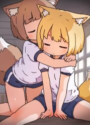 2girls absurdres animal_ear_fluff animal_ears blonde_hair blue_shorts blush brown_hair cameltoe closed_eyes fox_ears fox_girl fox_tail gym_shirt gym_shorts gym_uniform highres hug hug_from_behind indoors irohiza kneeling loli multiple_girls original shirt short_hair short_sleeves shorts sitting tail white_shirt