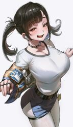 1girl absurdres belt black_belt black_choker black_hair black_jacket blue_skirt blush bra_visible_through_clothes breasts choker cleavage clothes_writing commentary cowboy_shot fingernails goddess_of_victory:_nikke highres jacket jewelry jindogod large_breasts long_hair looking_at_viewer miniskirt mole mole_under_eye multiple_rings open_clothes open_jacket open_mouth pantyhose pencil_skirt red_eyes ring simple_background single_earphone skirt smile solo sora_(nikke) teeth thigh_strap twintails upper_teeth_only white_background white_pantyhose wireless_earphones