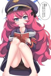 +++ 1girl armband barefoot black_hat black_jacket black_panties black_shirt blue_archive blush book collarbone collared_shirt commentary_request feet_out_of_frame grey_eyes grin halo hat highres holding holding_book iroha_(blue_archive) jacket knees_together_feet_apart knees_up long_hair long_sleeves looking_at_viewer off_shoulder open_book open_clothes open_jacket panties peaked_cap red_hair shirt sills simple_background smile solo translation_request underwear very_long_hair white_background