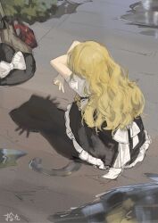 Rule 34 | 1girl, back bow, black hat, black skirt, blonde hair, book, bow, broom, cat shadow puppet (meme), frilled skirt, frills, hat, hat bow, highres, kirisame marisa, long hair, meme, no headwear, puddle, puffy short sleeves, puffy sleeves, shadow, shijiu (shizuoxing), shirt, short sleeves, signature, skirt, solo, touhou, unworn headwear, white bow, white shirt, witch hat