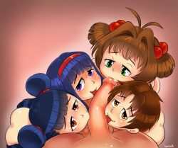 2boys 3girls age_difference bisexual_male brown_hair cardcaptor_sakura daidouji_tomoyo fellatio green_eyes highres kinomoto_sakura li_meiling li_xiaolang licking licking_penis loli looking_at_viewer multiple_boys multiple_girls nude oral penis pov purple_eyes shota signature sparkydb tagme testicles uncensored