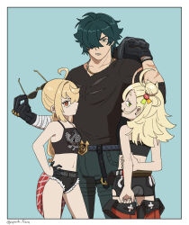 1boy 2girls ahoge bandaged_arm bandages black_gloves black_shirt black_shorts black_tank_top black_tube_top blonde_hair blue_background border crop_top crossed_bangs earrings fur-trimmed_shorts fur_trim gloves green_eyes green_hair hair_over_one_eye half_gloves highres holding holding_removed_eyewear holding_unworn_jacket jacket jewelry leather leather_jacket lighter_(zenless_zone_zero) looking_at_viewer luciana_de_montefio multiple_girls navel necklace piper_wheel popochi_fuwa print_tank_top red_eyes scar scar_on_arm shirt shorts side_ponytail simple_background strapless stud_earrings sunglasses tank_top temporal_hairline tube_top unworn_eyewear white_border zenless_zone_zero