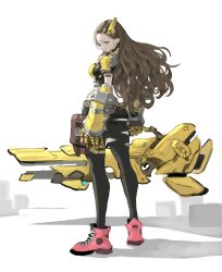 Rule 34 | 1girl, absurdres, arowana2111, black pantyhose, blue eyes, blush, breasts, brown hair, commentary, cropped shirt, energy gun, english commentary, expressionless, from behind, full body, gauntlets, hair ornament, highres, holding, holding weapon, huge weapon, large breasts, looking at viewer, looking back, midriff, original, pantyhose, pink shoes, science fiction, shoelaces, shoes, short sleeves, sneakers, solo, torn clothes, torn pantyhose, vambraces, weapon, white background