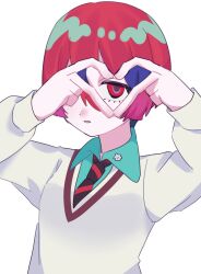 1boy 1girl amate_yuzuriha blue_hair collared_shirt gundam gundam_gquuuuuux heart heart_hands highres koma_(hpo414) looking_at_viewer necktie open_mouth red_eyes red_hair school_uniform shirt short_hair shuji_ito simple_background sweater upper_body white_background