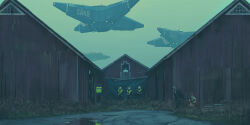 1other 4boys barn black_jacket child coat floating grass gun haze helmet high-visibility_clothing high-visibility_vest highres hood hood_up jacket leather leather_jacket military_vehicle multiple_boys outdoors science_fiction simon_stalenhag the_labyrinth weapon