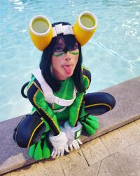 Rule 34 | absurdres, asui tsuyu, boku no hero academia, cosplay photo, highres, photo (medium), superhero costume, tongue, tongue out, water