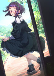 1girl absurdres black_dress black_hairband black_shoes blush day door dress feifufung glasses hairband highres long_sleeves looking_at_viewer original outdoors puffy_long_sleeves puffy_sleeves purple_eyes purple_hair red-framed_eyewear shoes short_hair skirt_hold smile socks standing white_socks