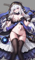 1girl absurdres adina_savic bare_shoulders black_gloves black_panties black_survival black_thighhighs black_veil blue_dress blue_eyes blue_veil breasts cleavage commission disembodied_hand dress eternal_return:_black_survival gloves groping hand_on_another&#039;s_stomach hand_on_another&#039;s_thigh hands_up highres lilac_(k32420276) long_hair looking_at_viewer lying medium_breasts navel no_bra on_back orb panties panty_pull pixiv_commission skindentation solo spaghetti_strap stomach string_panties thighhighs thighs underwear veil very_long_hair white_hair