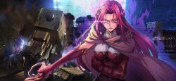 Rule 34 | 1girl, artist request, aura, blue sky, braid, breasts, broken, clenched hand, closed mouth, cloud, code geass, code geass: lost stories, cornelia li britannia, crown braid, damaged, dark aura, elbow gloves, eye trail, female focus, forehead, full moon, game cg, glasgow (code geass), gloves, grey cloak, gunblade, hair intakes, highres, holding, holding weapon, large breasts, light trail, looking at viewer, matching hair/eyes, mecha, moon, night, non-web source, official art, outdoors, outstretched arm, purple eyes, purple gloves, purple shirt, robot, serious, shirt, sidelocks, sky, sleeveless, sleeveless shirt, smoke, solo, sparks, upper body, v-shaped eyebrows, weapon