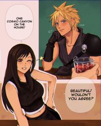 1boy 1girl apron bare_arms bare_shoulders black_apron black_gloves black_hair black_vest blonde_hair blue_eyes blush closed_mouth cloud_strife commentary crop_top cup drink earrings elbow_rest english_commentary english_text final_fantasy final_fantasy_vii final_fantasy_vii_advent_children gloves hand_on_own_hip highres holding holding_cup holding_drink jewelry jolly_(jollyfarts) long_hair looking_at_another midriff midriff_peek navel one_eye_closed parted_lips puff_of_air red_eyes shirt short_hair single_earring single_shoulder_pad sleeveless sleeveless_shirt smile sparkle speech_bubble spiked_hair stud_earrings tank_top tifa_lockhart upper_body vest waist_apron white_tank_top