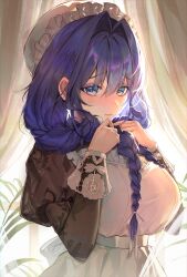 1girl absurdres apron black_dress blue_hair blush braid breasts closed_mouth curtains dress embroidery frilled_apron frilled_hat frills hair_between_eyes hair_intakes hair_over_shoulder hat highres holding holding_own_hair hololive hololive_english juliet_sleeves large_breasts long_hair long_sleeves looking_at_viewer low_twin_braids maid maid_apron mob_cap official_alternate_costume official_alternate_hairstyle ouro_kronii ouro_kronii_(maid) puffy_sleeves solo twin_braids upper_body user_xgxj7454 victorian_maid virtual_youtuber white_apron white_hat