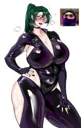 1girl black_nails blush bodysuit breasts choker cleavage fingerless_gloves glasses gloves green_hair hand_on_own_hip highres huge_breasts long_hair lukk36651907 ponytail reference_inset simple_background solo sweat thick_thighs thighs white_background