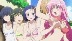 5girls animated animated_gif bikini blonde_hair blue_eyes blue_hair blush breasts closed_eyes cloud covered_navel female_pervert grabbing_another&#039;s_breast green_eyes green_hair groping hand_on_another&#039;s_chest lala_satalin_deviluke large_breasts medium_breasts momioka_risa multiple_girls murasame_oshizu navel open_mouth outdoors peke pervert pink_hair red_eyes sairenji_haruna sawada_mio sky smile swimsuit to_love-ru twintails yuri