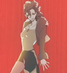 Rule 34 | 1girl, animification, brown eyes, brown hair, coat, curly hair, disneyland, fur trim, highres, jewelry, kyou o, long sleeves, looking at viewer, pretty scar, short hair, smile, teeth, upper teeth only