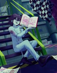 Rule 34 | 2boys, arm belt, blood, blood on clothes, blood splatter, blood stain, book, buttons, checkered clothes, checkered scarf, commentary, danganronpa (series), danganronpa v3: killing harmony, flipped hair, highres, holding, holding book, holding unworn clothes, holding unworn scarf, hydraulic press, indoors, injury, looking at another, male focus, medium hair, mimi (mimionee), momota kaito, multicolored buttons, multiple boys, muted color, oma kokichi, open book, open mouth, pale skin, pink blood, scarf, sitting, solo focus, spoilers, stairs, thigh strap, two-tone scarf, unworn scarf
