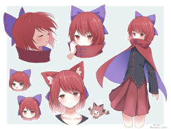 2girls animal_ears black_shirt bow cape cat_ears closed_eyes commentary disembodied_head grey_background hair_bow highres kaenbyou_rin long_sleeves multiple_girls multiple_heads multiple_views ocooco outline purple_bow red_cape red_eyes red_hair red_skirt shirt short_hair signature simple_background skirt touhou twitter_username white_outline