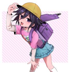 1boy adjusting_clothes adjusting_headwear backpack bag blue_skirt blush commentary_request crossdressing danganronpa_(series) danganronpa_v3:_killing_harmony denim denim_skirt flipped_hair frilled_skirt frills hair_between_eyes hat kneehighs layered_sleeves leaning_forward long_sleeves looking_at_viewer male_focus medium_hair miniskirt oma_kokichi open_mouth outline pink_shirt purple_bag purple_eyes purple_hair ribonmaru shirt short_over_long_sleeves short_sleeves simple_background skirt smile socks solo t-shirt teeth thighs trap upper_teeth_only white_outline white_socks yellow_hat