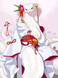 1girl breasts chinese_zodiac commentary_request fangs flower furry furry_female hair_flower hair_ornament highres japanese_clothes kame_(3t) kimono large_breasts looking_at_viewer obi obijime open_clothes open_kimono original outdoors pink_background red_eyes red_flower ribbon sash snake_girl solo tail tail_ornament tail_ribbon white_kimono white_scales year_of_the_snake
