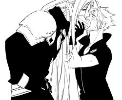 2boys armor black_gloves blush box cloud_strife covering_own_mouth earrings final_fantasy final_fantasy_vii final_fantasy_vii_advent_children gloves hand_on_own_hip heart-shaped_box highres jewelry kiss long_hair long_sleeves looking_at_another male_focus matenro_(oyanirami) multiple_boys pauldrons sephiroth short_hair shoulder_armor single_earring spiked_hair valentine yaoi