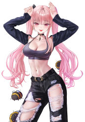 Rule 34 | 1girl, abs, absurdres, belt, blunt bangs, breasts, cleavage, collarbone, denim, detached sleeves, eruthu, halterneck, highres, honey churros, indie virtual youtuber, jeans, large breasts, long eyelashes, looking at viewer, pants, pink eyes, pink hair, solo, tongue, tongue out, torn clothes, torn jeans, torn pants, twintails