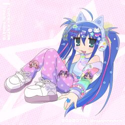 :3 absurdres ahoge alternate_hairstyle animal_ear_headphones animal_ears bandaid bandaid_on_face bracelet cat_ear_headphones character_hair_ornament character_name copyright_name fake_animal_ears food-themed_hair_ornament green_eyes green_nails hair_between_eyes hair_ornament hairclip headphones highres hiiragi_kagami hiiragi_tsukasa izumi_konata jewelry keroro keroro_gunsou looking_at_viewer lucky_star multiple_bracelets nyamou open_mouth pants rnornopoo shoes sitting sushi_hair_ornament takara_miyuki twintails white_shoes