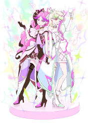 2girls bare_shoulders blonde_hair blowing_kiss blunt_bangs blush boots braid column_lineup_background cure_kiss cure_zukyuun dress earrings emine_mutsu fortissimo frilled_dress frilled_skirt frilled_sleeves frills gingham_dress gloves gradient_hair hair_extensions hair_ornament hair_ribbon hair_wings high_heels highres holding_hands jewelry kimi_to_idol_precure kneehighs long_hair looking_at_viewer multicolored_hair multiple_earrings multiple_girls musical_note musical_note_hair_ornament one_eye_closed parted_bangs pink_hair pointing pointing_up precure purple_eyes red_eyes ribbon single_bare_leg single_kneehigh single_sock skirt socks stage stage_lights standing star-shaped_pupils star_(symbol) symbol-shaped_pupils twin_braids twintails very_long_hair white_gloves wing_hair_ornament wrist_cuffs