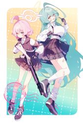 2girls abydos_high_school_logo ahoge black_gloves blue_archive blue_necktie breasts fingerless_gloves gloves green_hair gun halo highres hoshino_(blue_archive) huge_ahoge kasuga_haruhi large_breasts long_hair medium_hair multiple_girls necktie pink_hair plaid_clothes plaid_skirt shotgun skirt watermark weapon yume_(blue_archive)