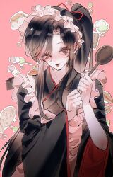 1boy alternate_costume apron artist_request black_hair black_kimono blush crossdressing dango enmaided food frilled_apron frills grey_eyes hair_ribbon hairband high_ponytail holding holding_ladle japanese_clothes kimono ladle long_hair long_sleeves looking_at_viewer maid maid_apron maid_headdress male_focus modao_zushi one_eye_closed open_mouth parted_bangs pink_background ponytail pudding red_ribbon ribbon second-party_source sidelocks simple_background smile solo spoon taiyaki tongue tongue_out trap upper_body very_long_hair wa_maid wagashi wei_wuxian white_apron wide_sleeves