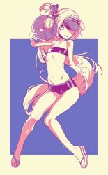1girl :d azur_lane ball beachball bikini bogue_(azur_lane) female_focus long_hair looking_at_viewer navel open_mouth ponytail rokkotsu sandals smile solo swimsuit very_long_hair visor_cap