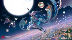 Rule 34 | 1girl, city lights, dress, full body, highres, long hair, long sleeves, moon, night, onmyoji, rabbit, sky, solo, twintails, yangming li wan dianfen chang
