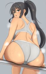 1girl :o ass ass_focus black_hair blush bra breasts commentary_request feet_out_of_frame grey_background grey_bra grey_panties highres homura_(senran_kagura) large_breasts long_hair looking_at_viewer looking_back median_furrow panties ponytail senran_kagura shoulder_blades sidelocks simple_background sitting solo steam surippa1010 sweat twitter_username underwear underwear_only very_long_hair