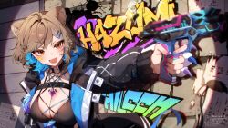 absurdres animal_ear_fluff animal_ears artist_name black_collar black_jacket blue_nails breasts brown_hair chest_belt collar colored_inner_hair commission facial_mark fang graffiti gun hair_ornament hairpin handgun hazumi_aileen highres holding holding_gun holding_weapon indie_virtual_youtuber jacket jewelry large_breasts lion_ears lion_girl lion_tail long_sleeves mole mole_on_breast multicolored_hair necklace open_clothes open_jacket open_mouth purple_nails short_hair smile star_(symbol) star_facial_mark tail twitter_username two-tone_nails virtual_youtuber weapon weiic