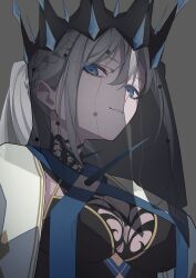 absurdres blue_eyes crown fate/grand_order fate_(series) highres kafueore lipstick looking_at_viewer makeup morgan_le_fay_(fate) morgan_le_fay_(queen_of_winter)_(fate) ponytail smile solo spikes veil white_hair