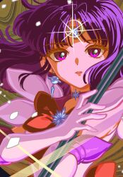 1girl bishoujo_senshi_sailor_moon bow bowtie circle circlet commentary earrings eyelashes falling_petals floating_clothes floating_hair glint gloves highres holding holding_staff jewelry looking_at_viewer magical_girl parted_lips petals prettysavage30 purple_eyes purple_hair red_bow red_bowtie sailor_saturn sailor_senshi_uniform short_hair solo staff tomoe_hotaru upper_body white_gloves