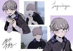 1girl black_ribbon black_shawl blush brown_hair character_name derivative_work hair_ribbon half-closed_eyes highres lapwing_(vrchat) laughing looking_at_viewer multiple_expressions multiple_views onomiren open_mouth ponytail purple_eyes reference_inset ribbon screenshot_inset screenshot_redraw shawl signature tears turtleneck vrchat