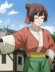 1girl apron bad_tag brown_eyes brown_hair casual cooking elsa_(teogonia) female_focus highres looking_at_viewer medium_hair smile solo standing teogonia