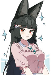 1girl animal_ear_fluff animal_ears black_hair blunt_bangs blush closed_mouth fox_ears fox_girl frilled_shirt frills highres hoshimi_miyabi long_hair mashaer pink_shirt red_eyes shirt short_sleeves smile solo teeth upper_teeth_only zenless_zone_zero
