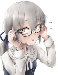 1girl absurdres adjusting_eyewear blue_bow bow burn_scar commentary dorei_to_no_seikatsu_~teaching_feeling~ dress_ribbon eyelashes flying_sweatdrops frills glasses grey_eyes grey_hair hair_bow hashtag-only_commentary highres looking_at_viewer open_mouth ponytail scar scar_on_face scar_on_hand semi-rimless_eyewear simple_background solo sylvie_(dorei_to_no_seikatsu) unrann white_background