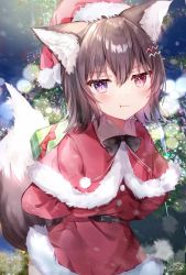 1girl animal_ears belt blush brown_hair christmas christmas_tree hat highres looking_at_viewer night original pout ribbon rucaco santa_costume santa_hat snow solo tail tsundere