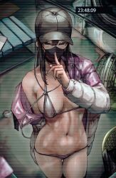 Rule 34 | 1girl, absurdres, baseball cap, bikini, black choker, black eyes, black hair, breasts, choker, commentary request, earphones, exhibitionism, finger to mouth, halo, hat, highres, large breasts, long hair, looking at viewer, mask, mouth mask, navel, original, public indecency, sideboob, single bare shoulder, soleil (soleilmtfbwy03), solo, stomach, sweat, swimsuit, thigh gap, thighhighs, thighs