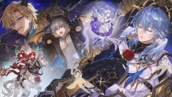 1girl 4boys absurdres alternate_costume animal animal_costume animal_ears argenti_(honkai:_star_rail) armor astral_express_(honkai:_star_rail) aventurine_(honkai:_star_rail) bare_shoulders black_gloves blonde_hair blue_eyes blue_gemstone blue_jacket brother_and_sister caelus_(honkai:_star_rail) choker cioccolatodorima closed_eyes clothing_cutout commentary demon_horns detached_sleeves dragon_costume dragon_wings dress earrings english_commentary fake_horns fake_wings feathered_wings floating_hair flower flying full_body gem gloves gold_earrings green_eyes grey_hair hair_between_eyes halo halo_behind_head hand_up hands_up highres holding holding_flower holding_staff holding_weapon honkai:_star_rail honkai_(series) hood horns horse horse_ears horse_tail horseback_riding jacket jewel_under_eye jewelry knight lapels leaf long_hair long_sleeves looking_at_another multicolored_eyes multicolored_jacket multiple_boys musical_note_ornament open_clothes open_jacket open_mouth purple_choker purple_dress purple_eyes purple_gloves purple_hair purple_jacket red_flower red_hair red_rose riding robin_(honkai:_star_rail) rose shoes short_hair short_sleeves siblings sidelocks single_earring single_glove sleeveless sleeveless_dress sparkle staff star_(symbol) sunday_(honkai:_star_rail) tail teeth thorns trailblazer_(honkai:_star_rail) train two-tone_dress two-tone_jacket upper_body wavy_hair weapon white_armor white_dress white_gloves white_jacket white_shoes wings yellow_eyes