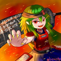 1other androgynous bienoster black_undershirt blue_skirt brown_headband club_(weapon) commentary detached_sleeves fang fingernails green_hair headband highres len&#039;en long_fingernails looking_at_viewer midriff open_mouth red_background red_eyes red_shirt shirt signature skirt smile solo taira_no_fumikado text_on_weapon translation_request twitter_username weapon